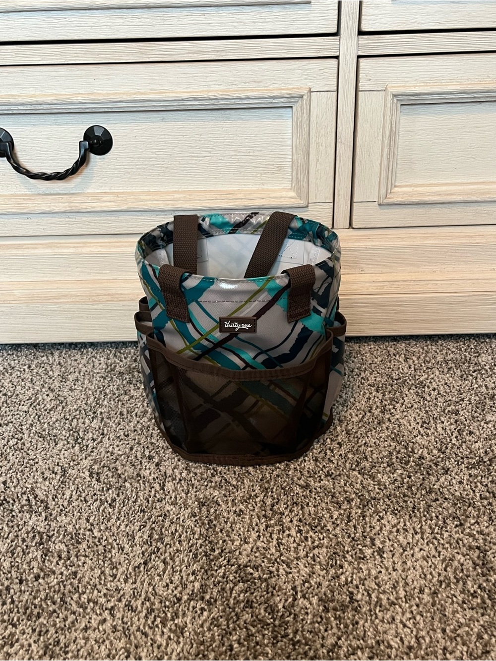thirty-one Teal Plaid Toiletry Caddy with Brown Trim